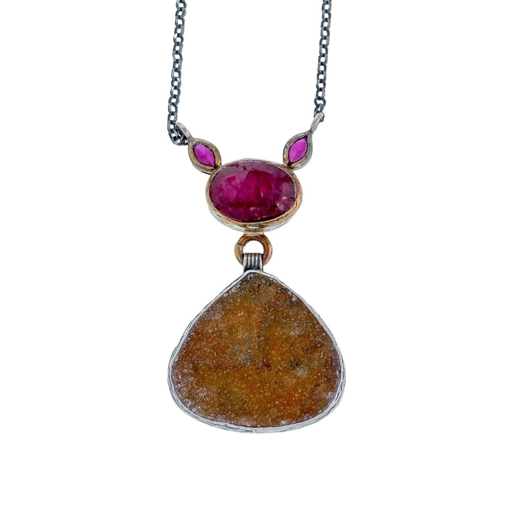 Vintage Sterling Silver Red Ruby Druzy Quartz Lavalier Necklace 15"